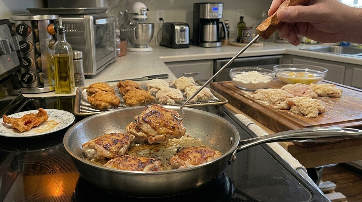 Kitchen Hooker lifting a golden seared chicken thigh from a stainless steel frying pan